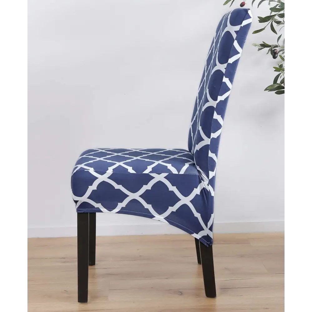 Blue and white geometric spandex chair cover with printed stretch fabric for stylish and flexible seating protection