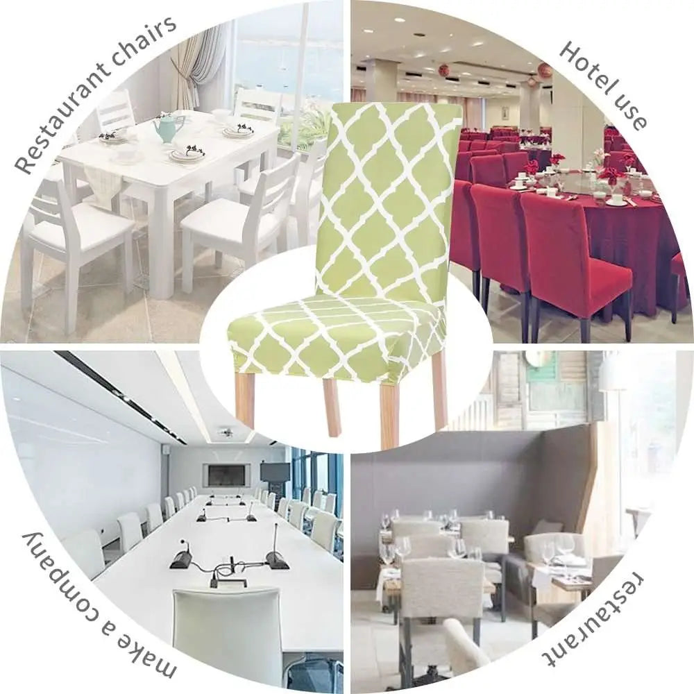 Gray and white geometric spandex chair covers printed stretch shown on a stretch chair for snug fit and style