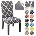 Gray and white geometric spandex chair covers printed stretch shown on a stretch chair for snug fit and style