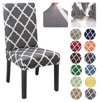 Gray and white geometric spandex chair covers printed stretch shown on a stretch chair for snug fit and style