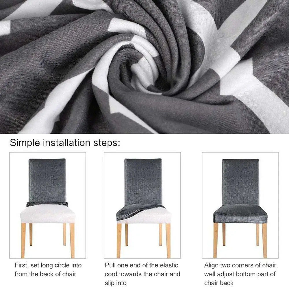 Gray and white geometric spandex chair cover featuring printed stretch fabric for elegant event seating decor