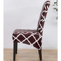 Brown and white geometric spandex chair covers with printed stretch fabric for a snug decorative fit