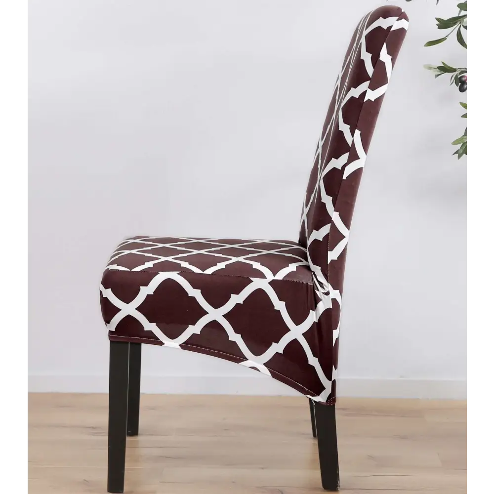 Brown and white geometric spandex chair covers with printed stretch fabric for a snug decorative fit