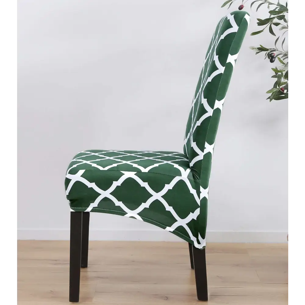 Gray and white geometric spandex chair cover with green white geometric pattern printed stretch fabric design