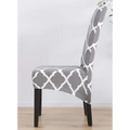 Gray and white geometric spandex chair cover featuring printed stretch fabric for a modern stylish fit