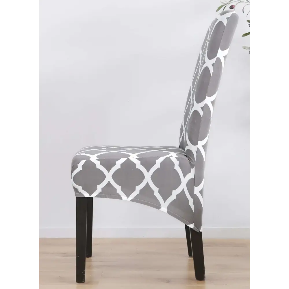 Gray and white geometric spandex chair cover featuring printed stretch fabric for a modern stylish fit
