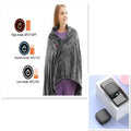 Gray winter flannel heated blanket shawl featuring built-in battery pack and temperature control settings