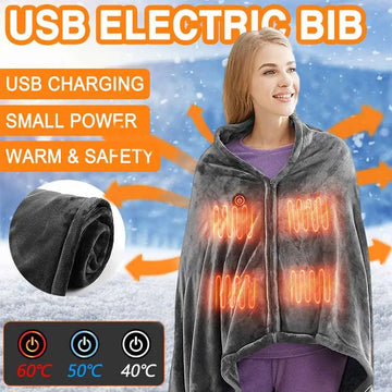 Gray winter flannel heated blanket shawl with gray plush usb electric bib showing glowing heating elements on front