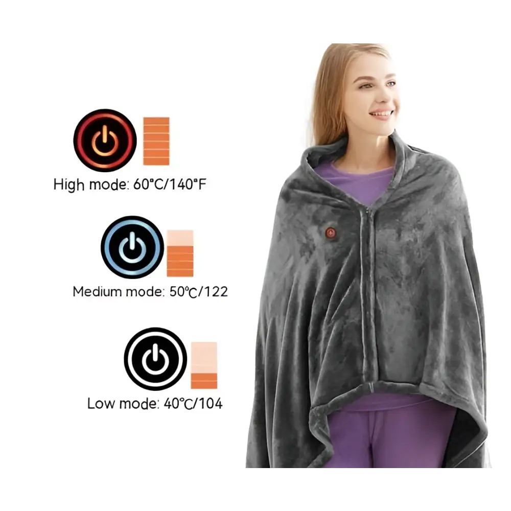 Gray winter flannel heated blanket shawl with gray plush usb electric bib showing glowing heating elements on front