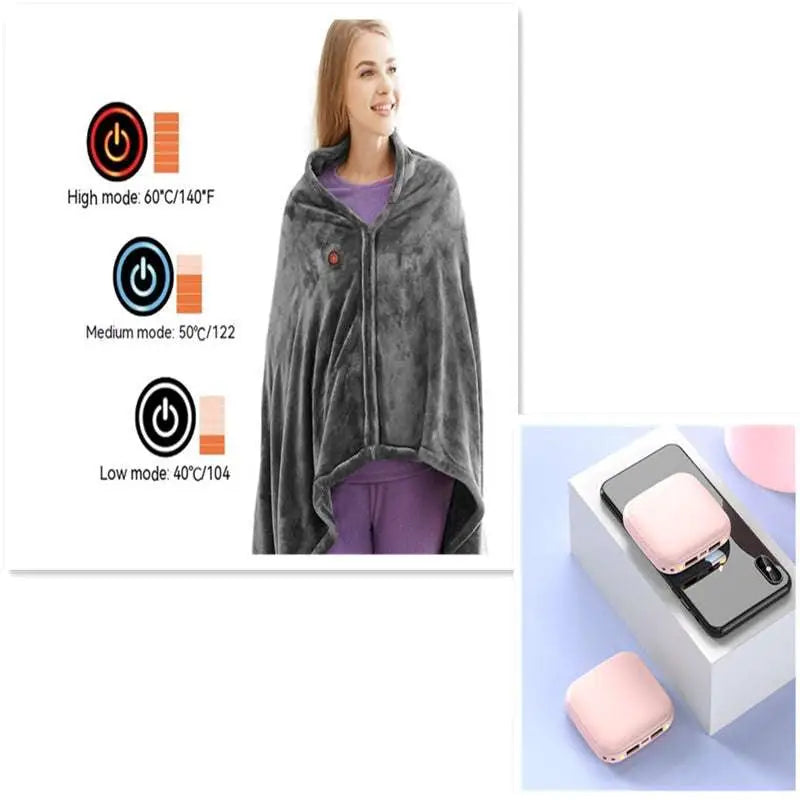 Gray winter flannel heated blanket shawl featuring zipper and temperature control with matching pink portable charger