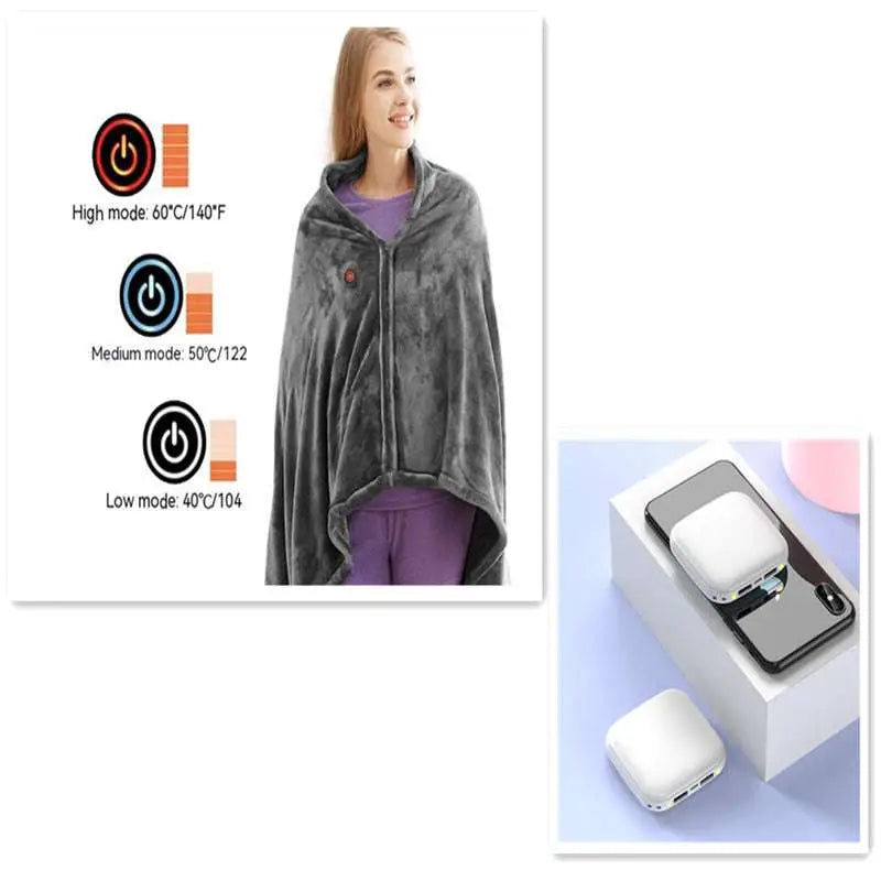 Gray winter flannel heated blanket shawl featuring zipper and temperature control settings for cozy warmth