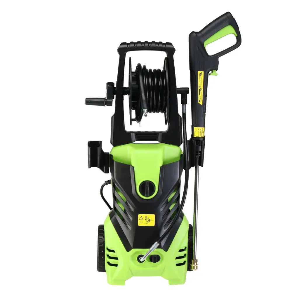 Green and black high pressure cleaner with coiled hose and spray nozzle designed for efficient cleaning tasks