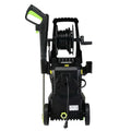 Green and black high pressure cleaner with coiled hose, handle, wheels, and power cord for efficient cleaning