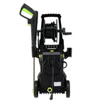 Green and black high pressure cleaner with coiled hose, handle, wheels, and power cord for efficient cleaning