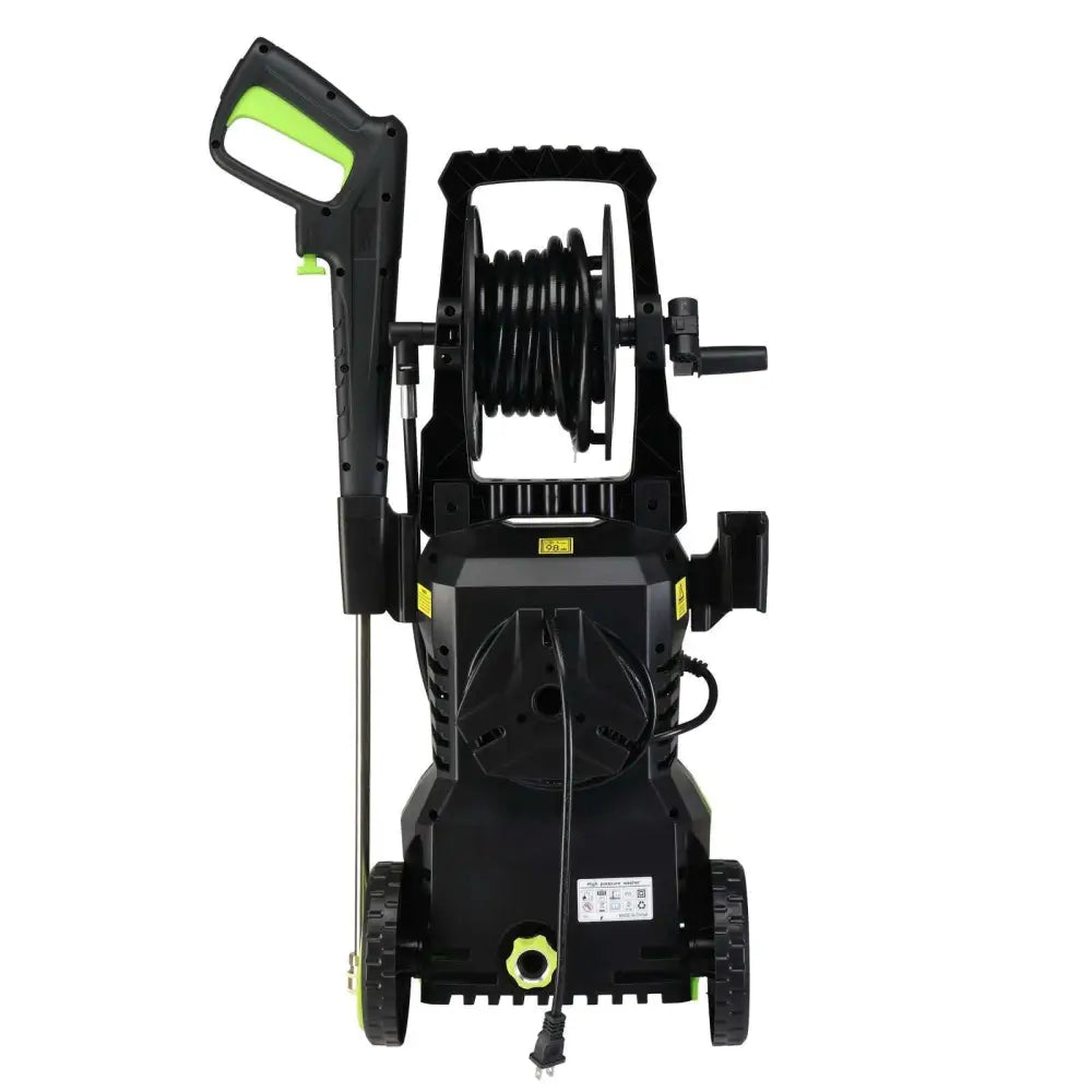 Green and black high pressure cleaner with coiled hose, handle, wheels, and power cord for efficient cleaning
