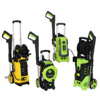 Green and black high pressure cleaner with coiled hose, wheels, and handle for efficient cleaning portability