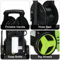 Green and black high pressure cleaner with coiled hose, built-in reel, soap bottle, handle, and large wheels for efficient cleaning