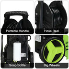 Green and black high pressure cleaner with coiled hose, built-in reel, soap bottle, handle, and large wheels for efficient cleaning