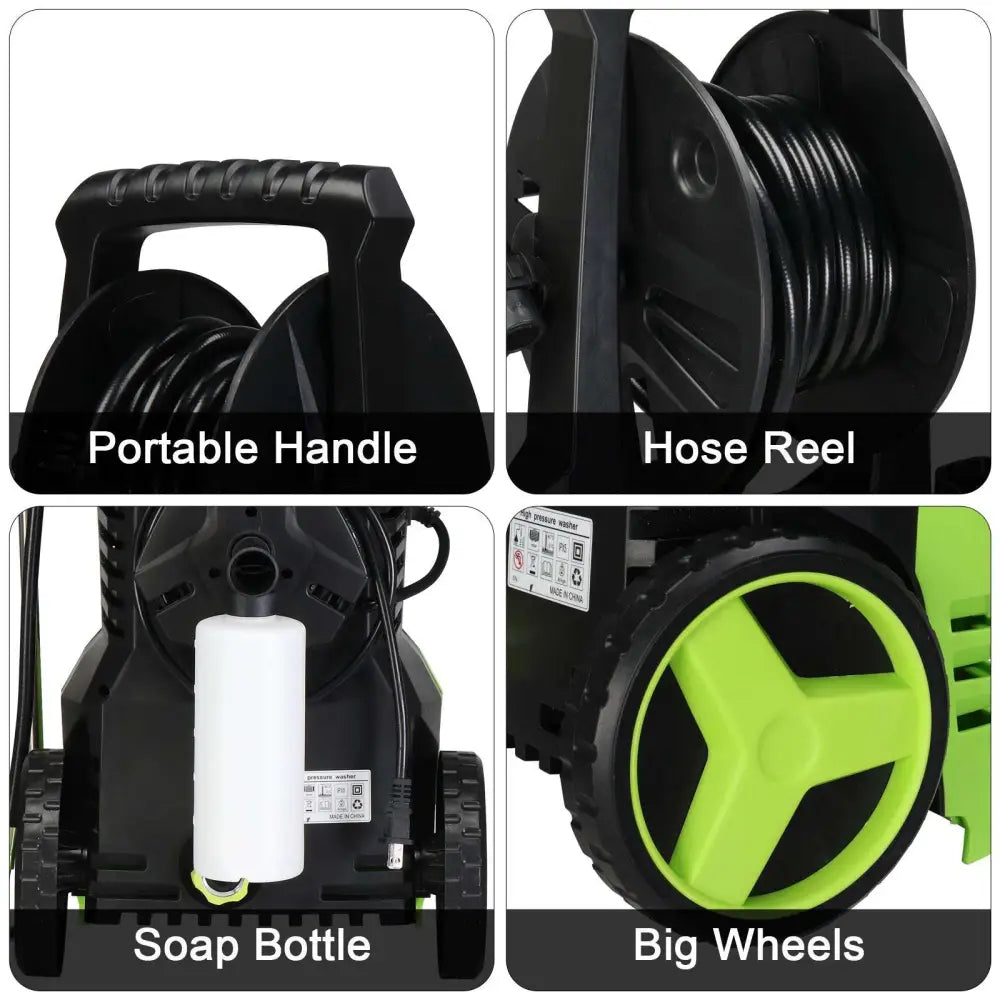 Green and black high pressure cleaner with coiled hose, built-in reel, soap bottle, handle, and large wheels for efficient cleaning