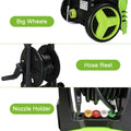 Green and black high pressure cleaner with big wheels, coiled hose, and nozzle holder for efficient cleaning