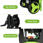 Green and black high pressure cleaner with big wheels, coiled hose, and nozzle holder for efficient cleaning