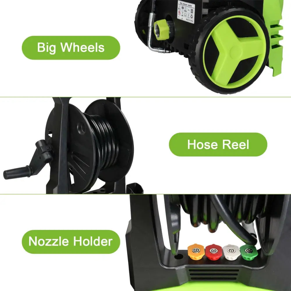 Green and black high pressure cleaner with big wheels, coiled hose, and nozzle holder for efficient cleaning