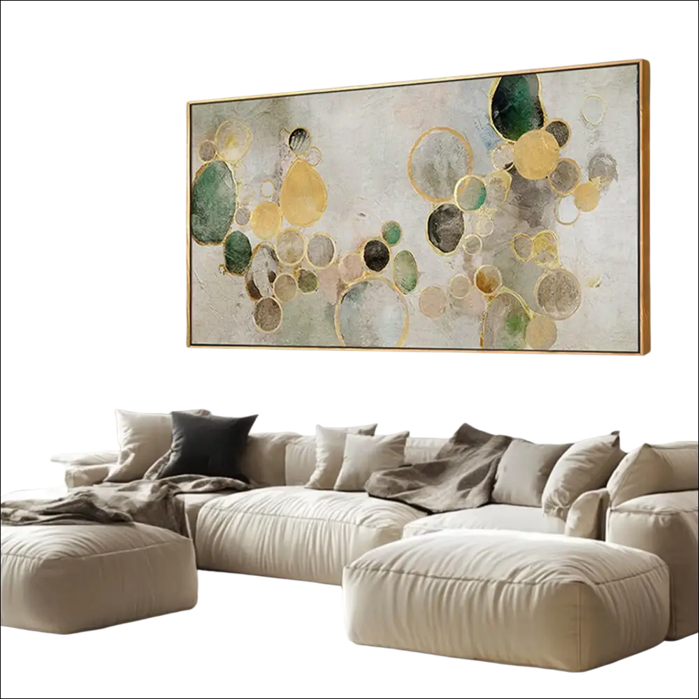 Green and gold abstract canvas wall art with textured overlapping circles in shades of green gold and gray for living room bedroom
