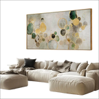 Green and gold abstract canvas wall art with textured overlapping circles framed in gold for living room or bedroom