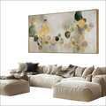 Green and gold abstract canvas wall art with textured overlapping circles in shades of green gold and gray for living room bedroom