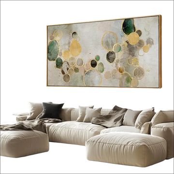 Green and gold abstract canvas wall art with textured overlapping circles in shades of green gold and gray for living room bedroom