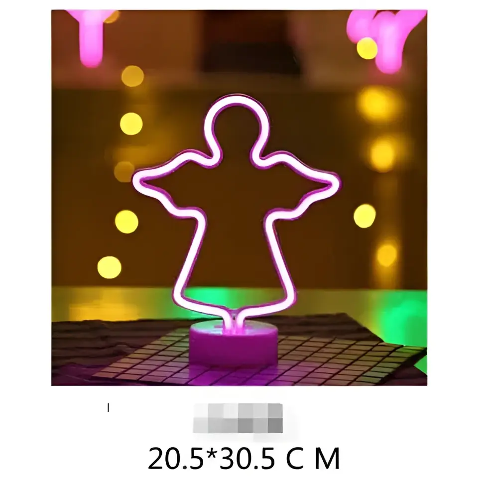 A glowing pink neon angel-shaped led neon light with a purple base creating the perfect ambiance