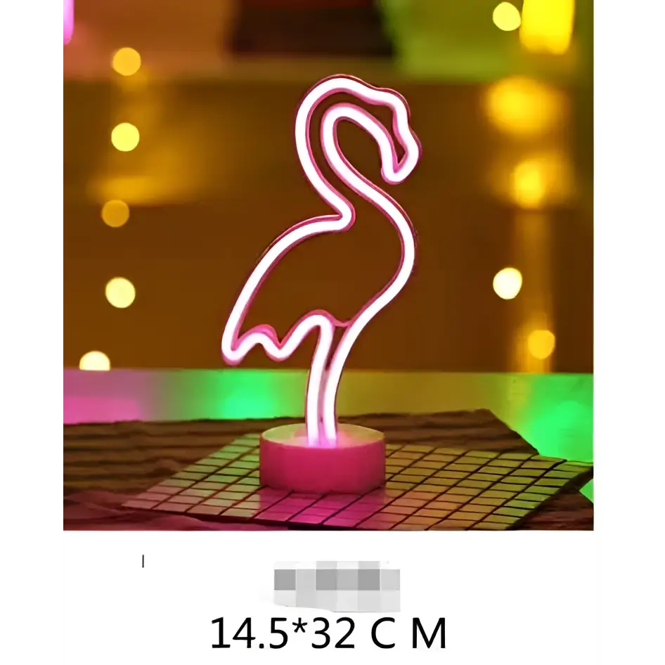 A glowing pink neon flamingo led neon light with circular base creating perfect ambiance against bokeh background