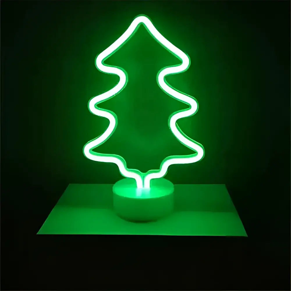 A glowing green christmas tree led neon light with sleek minimalist design creating perfect ambiance on base