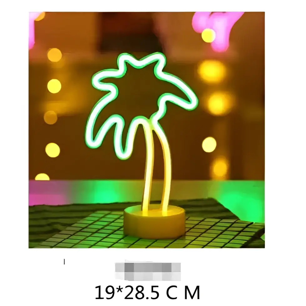 A green christmas tree led neon light with a glowing green outline and yellow trunk on a circular base for perfect ambiance