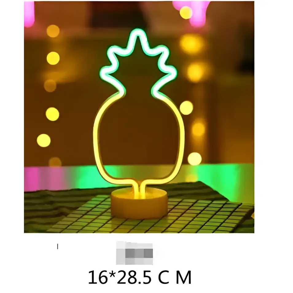 A glowing neon pineapple lamp with yellow body and green top on a base creates perfect ambiance led neon lights