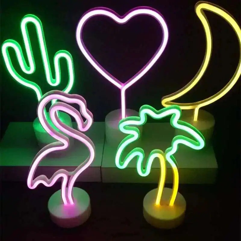 Neon sign set with glowing green cactus, pink flamingo, purple heart, yellow crescent moon, and neon palm tree led neon lights creating perfect ambiance