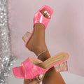Bright pink croc-embossed mule sandals with transparent block heels perfect for slides slippers summer fashion