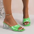 Vibrant green croc-embossed mule sandals with transparent block heels perfect for slides slippers summer wear