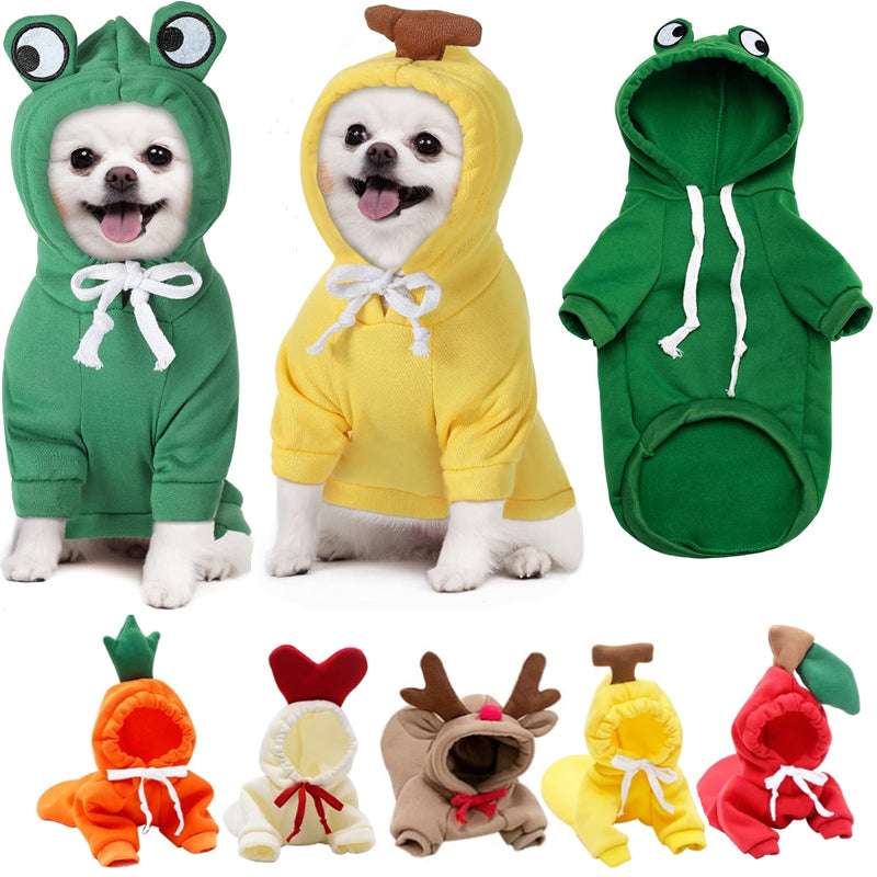 green frog-themed plush hooded pet costume with white drawstrings and embroidered eyes featured in the ultimate pet accessories guide for happy healthy pets.