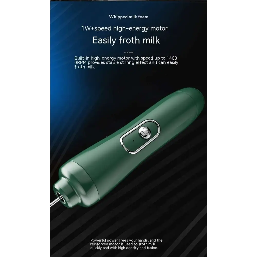 Green handheld battery version milk frother with sleek ergonomic design and silver accent button for easy use