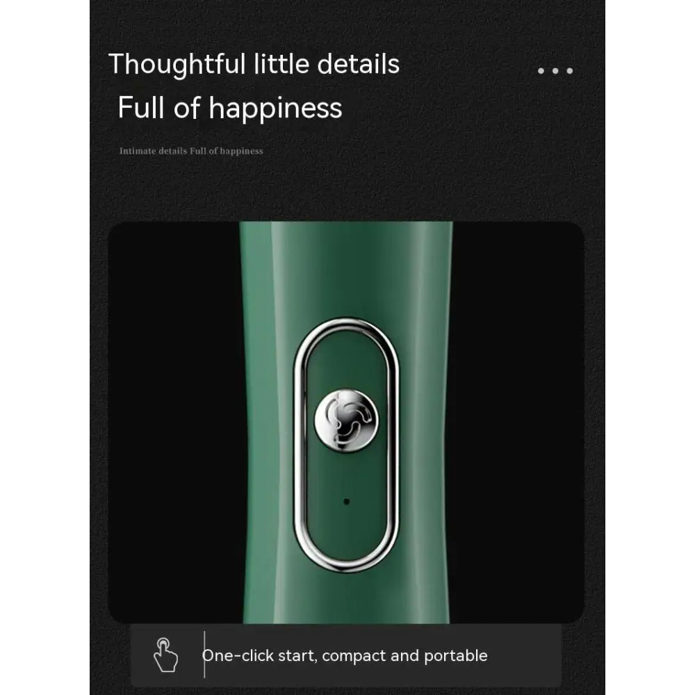 Teal handheld battery version milk frother with sleek ergonomic design silver oval button and circular logo