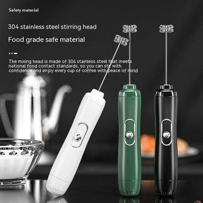 Three handheld battery version milk frothers in white green and black with 304 stainless steel stirring heads and sleek ergonomic design