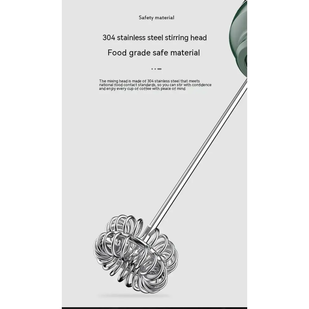 Silver 304 stainless steel coiled stirring head of green handheld battery version milk frother with sleek ergonomic design