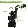 Black and green portable green high pressure cleaning machine with hose reel gun holder and efficient pressure cleaning features