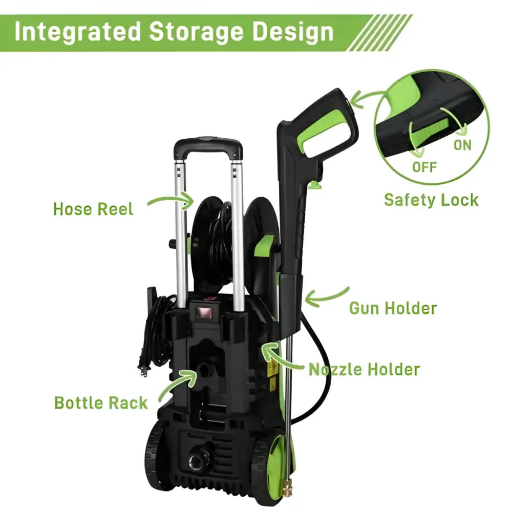 Black and green portable green high pressure cleaning machine with hose reel gun holder and efficient pressure cleaning features