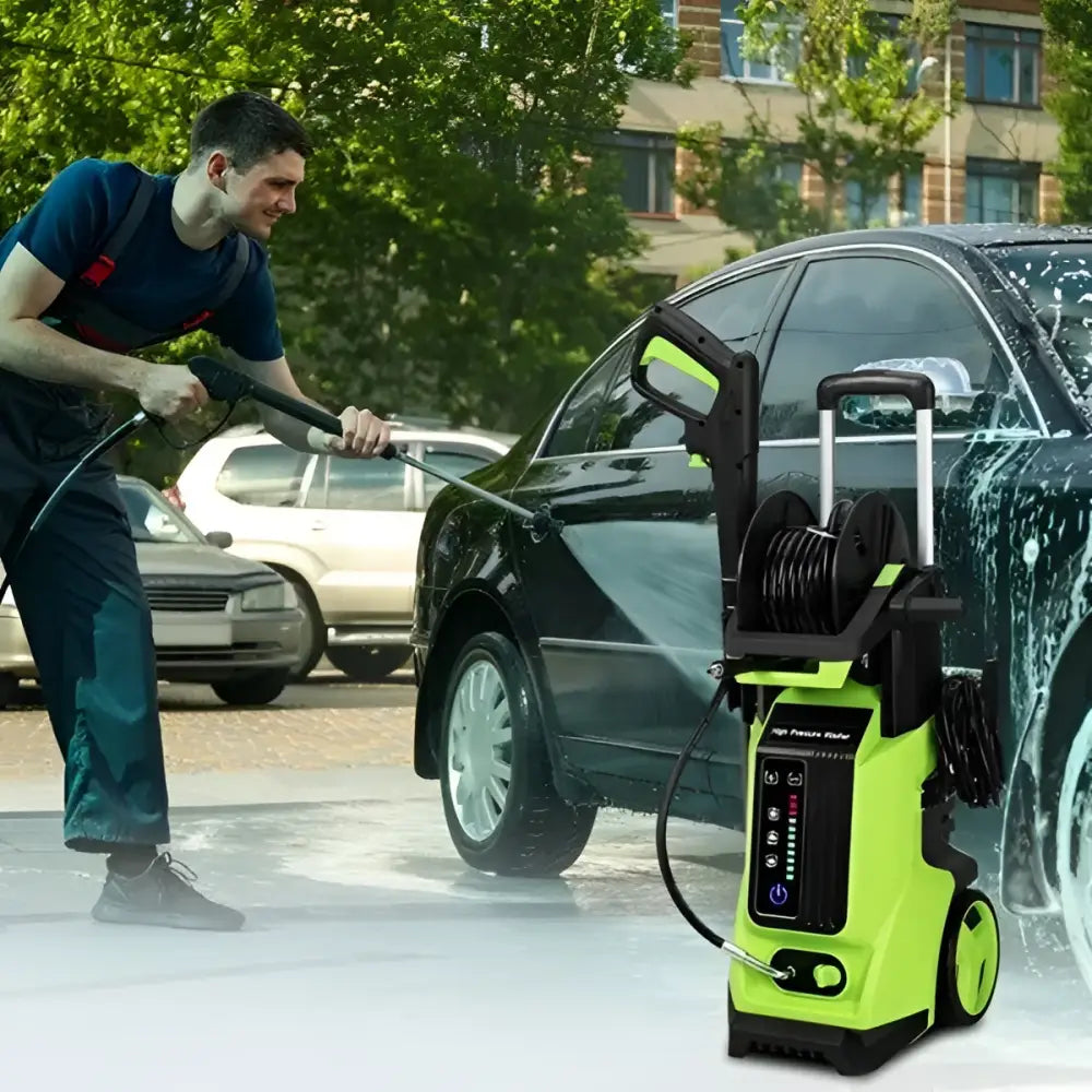 Green high pressure cleaning machine with retractable hose handle and multiple nozzles for efficient pressure cleaning