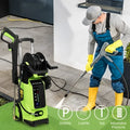 Green high pressure cleaning machine featuring a bright green and black pressure cleaning machine with digital display panel