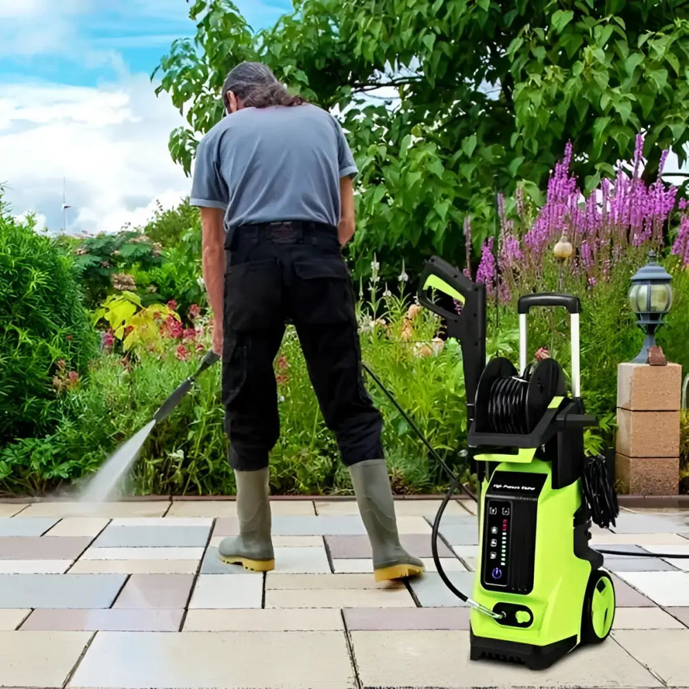 Green high pressure cleaning machine portable pressure cleaning machine with lime green and black design and coiled hose