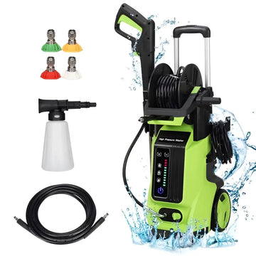 Green high pressure cleaning machine with retractable hose handle and multiple nozzles for efficient pressure cleaning
