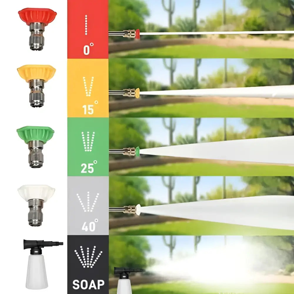 Nozzle attachments in red yellow green white and black for efficient pressure cleaning with the green high pressure cleaning machine